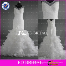 ED nupcial Sexy Mermaid V cuello plisado pesado volantes Organza vestidos de boda blanco